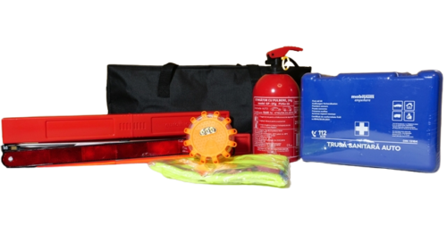 Kit siguranta auto AD AutoTotal, pachet legislativ complet, stingator P1 GP, 1 kg, trusa medicala, triunghiuri reflectorizante, vesta, lampa semnalizare