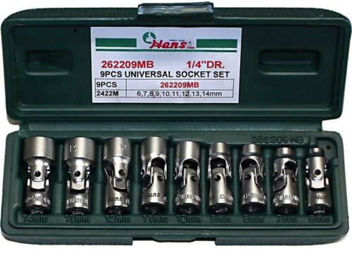 Set 9 articulatii universale pentru chei tubulare HANS 262209MB, antrenor patrat 1/4 inch, deschidere cheie 6, 7, 8, 9, 10, 11, 12, 13, 14 mm