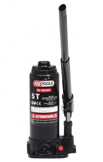 Cric hidraulic auto KS TOOLS 160.0352, capacitate ridicare 5 tone, inaltime cursa 216-413 mm, cu flanse, negru