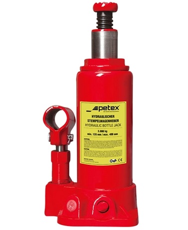 Cric hidraulic tip butelie PETEX 44751012PX, capacitate ridicare 3 tone, inaltime cursa 168-326 mm, rosu, maneta cu 2 parti