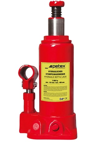 Cric hidraulic tip butelie PETEX 44751112PX, capacitate ridicare 5 tone, inaltime cursa 185-355 mm, rosu, maneta cu 2 parti